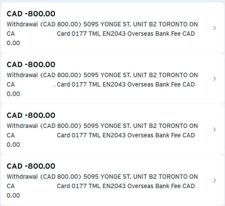 可見從 Global Wallet 提取 CAD 加幣現金時，Citibank 並沒有收取費用