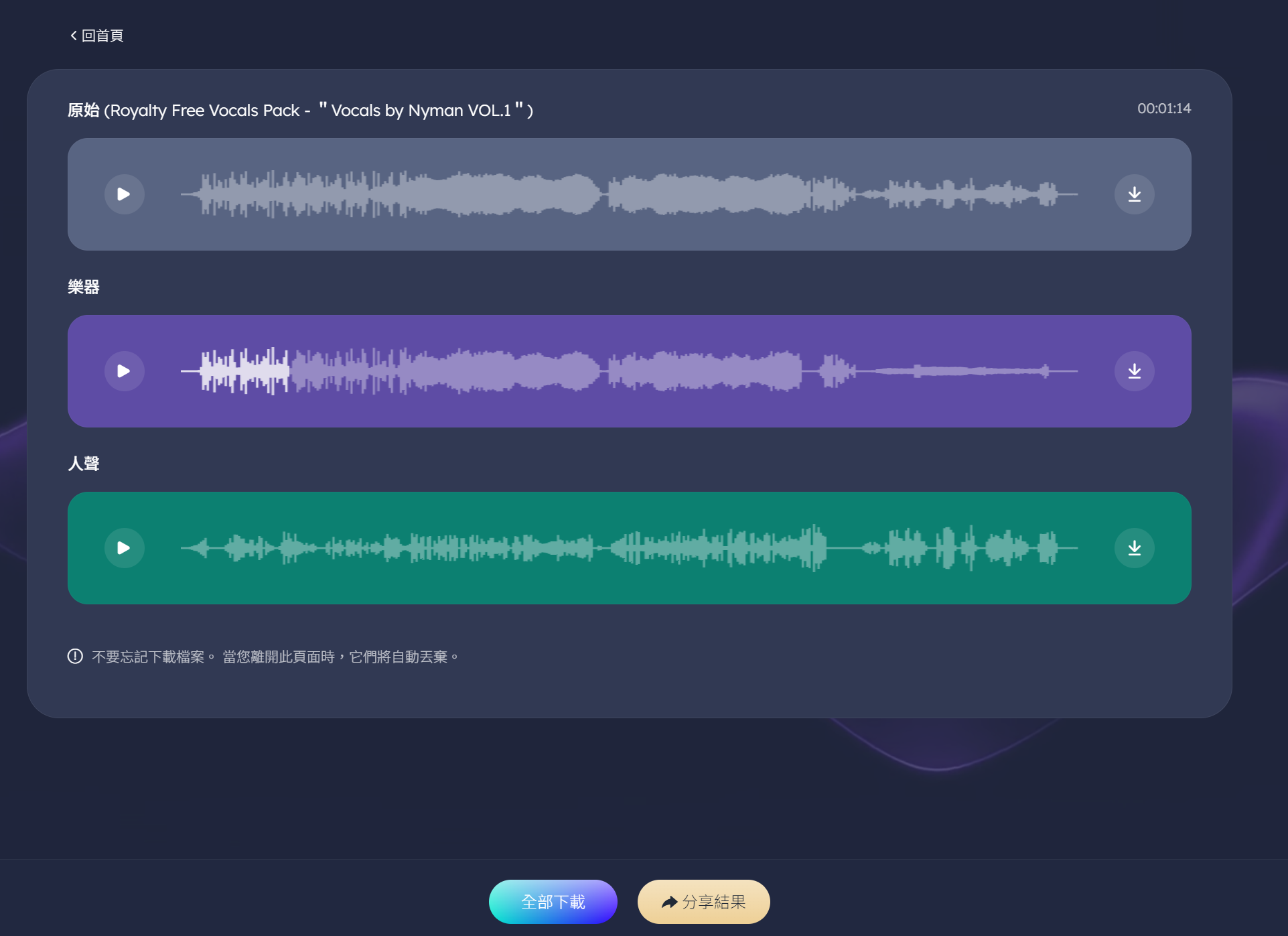 可以選擇下載各自的音軌，還可以在下方點擊按鈕，一次過下載全部檔案。